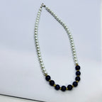 Handmade White Pearl & Navy Blue Beaded Necklace for Women