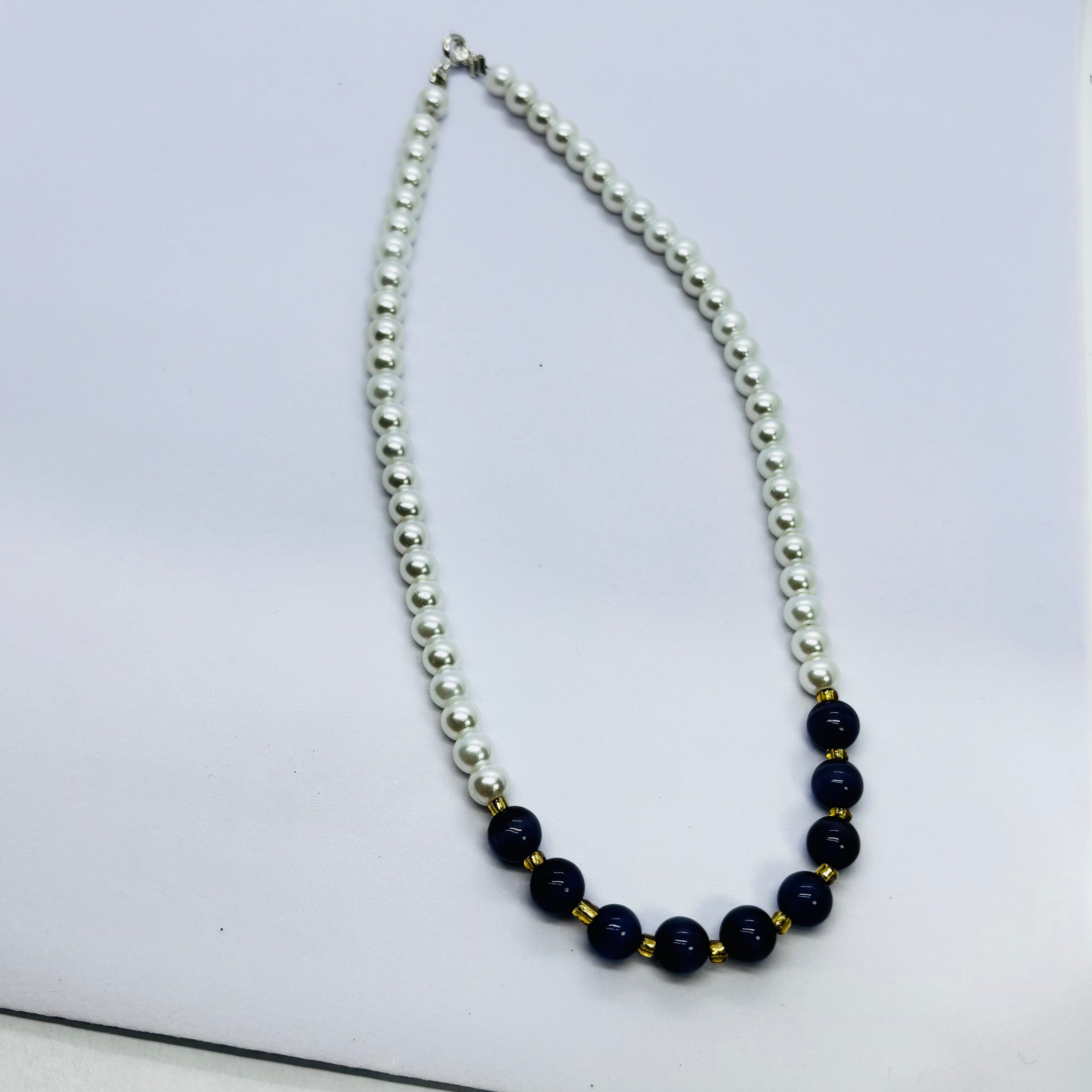 Handmade White Pearl & Navy Blue Beaded Necklace for Women