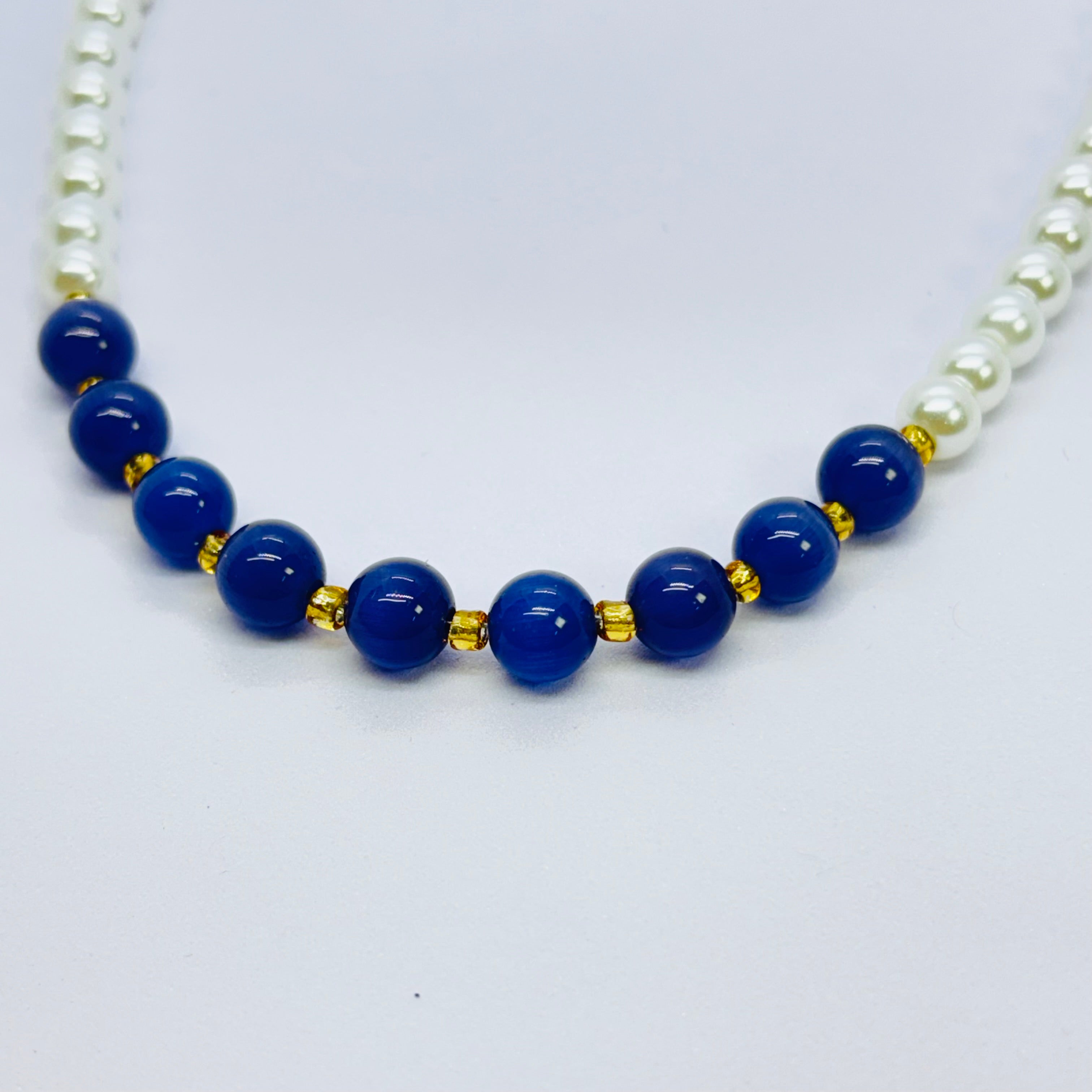 Handmade White Pearl & Navy Blue Beaded Necklace for Women