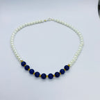 Handmade White Pearl & Navy Blue Beaded Necklace for Women