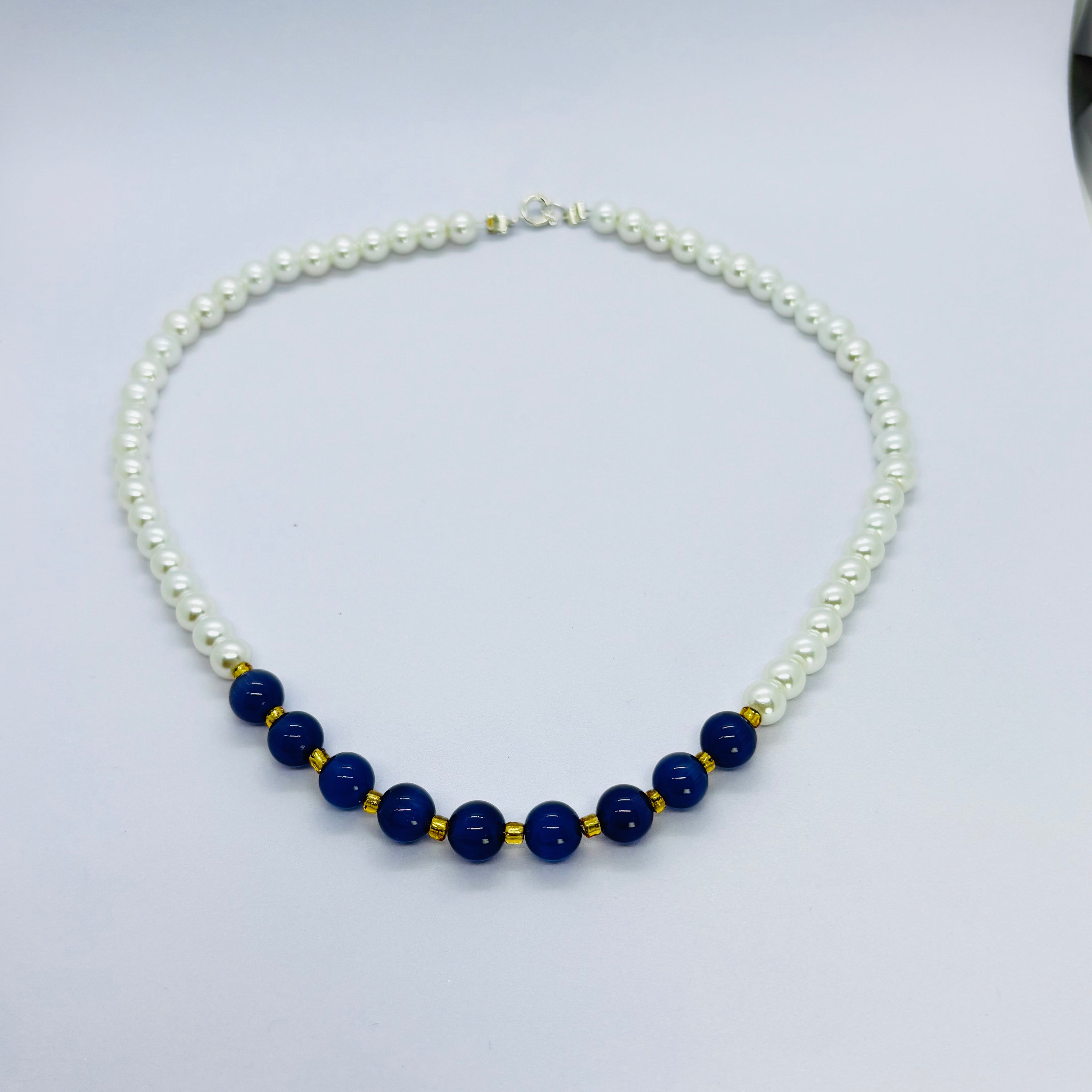Handmade White Pearl & Navy Blue Beaded Necklace for Women