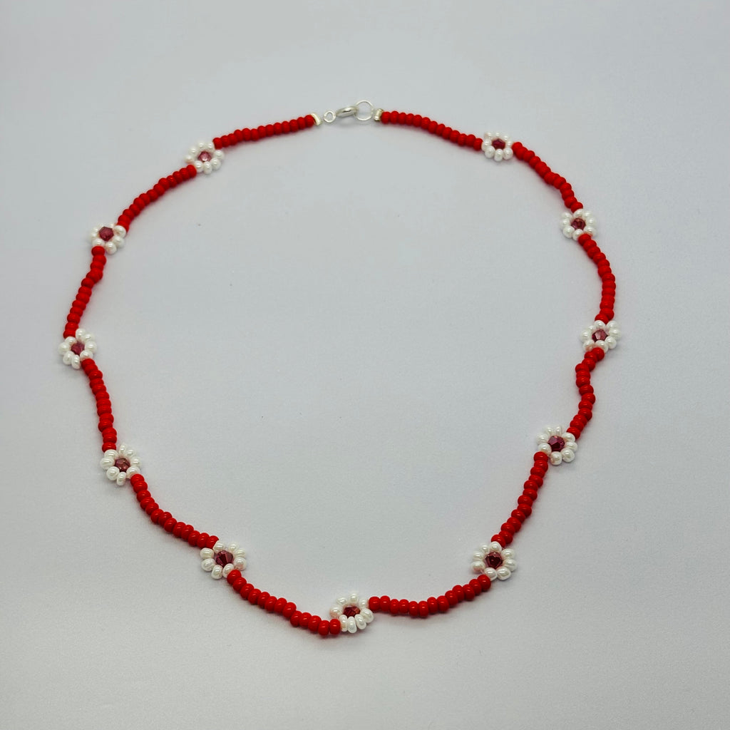 Handmade Red Floral Beaded Necklace
