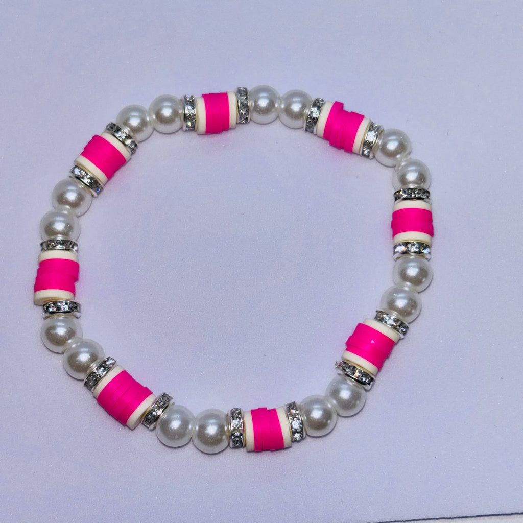 Handmade Pink & White Pearl Beaded Stretch Bracelet