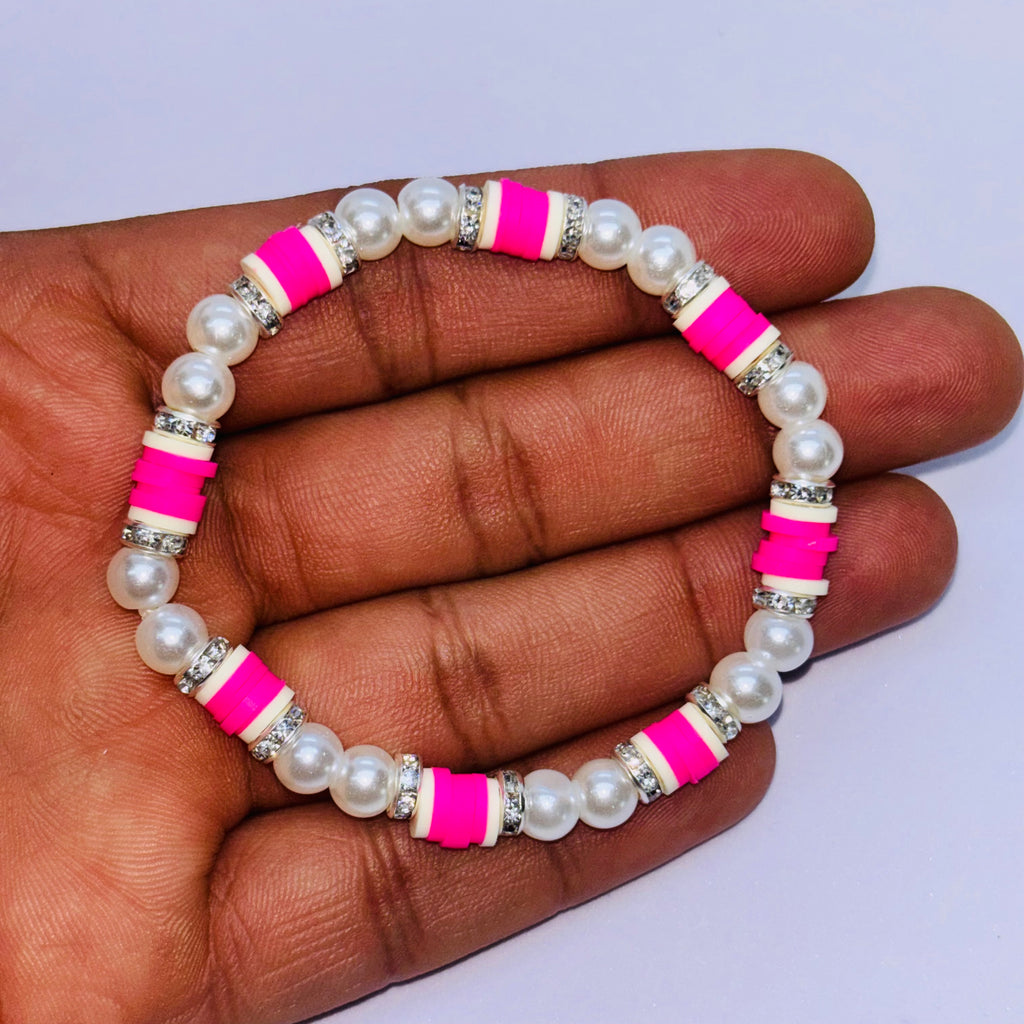 Handmade Pink & White Pearl Beaded Stretch Bracelet