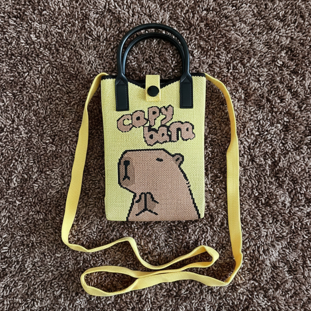 Yellow Canvas Capybara Print Mobile Sling Bag