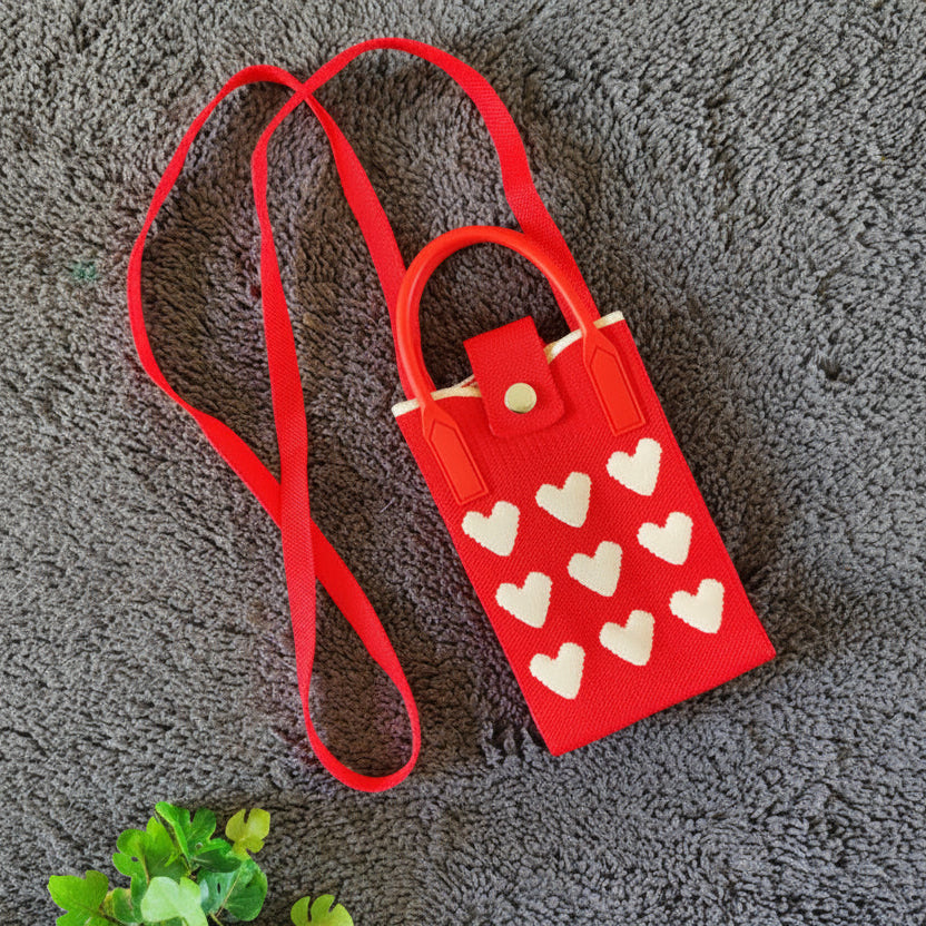 Red Canvas Mobile Sling Bag with White Heart Print